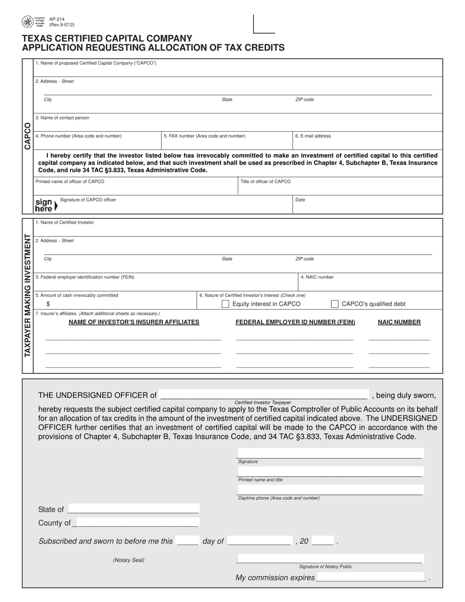 Form AP-214 Texas Certified Capital Company Application Requesting Allocation of Tax Credits - Texas, Page 1
