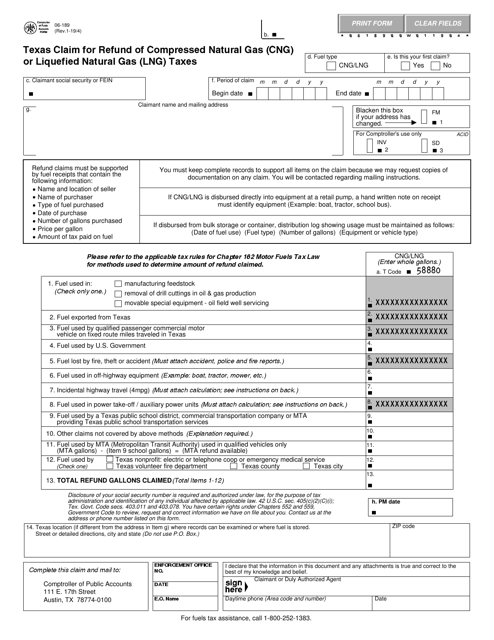 Form 06-189 Texas Claim for Refund of Compressed Natural Gas (Cng) or Liquefied Natural Gas (Lng) Taxes - Texas