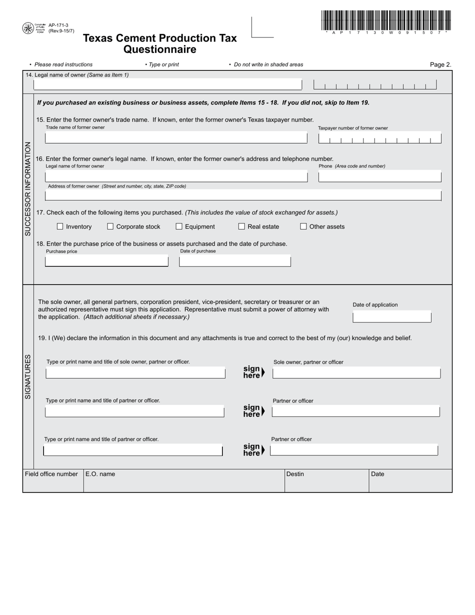 Form AP-171 Texas Cement Production Tax Questionnaire - Texas, Page 3