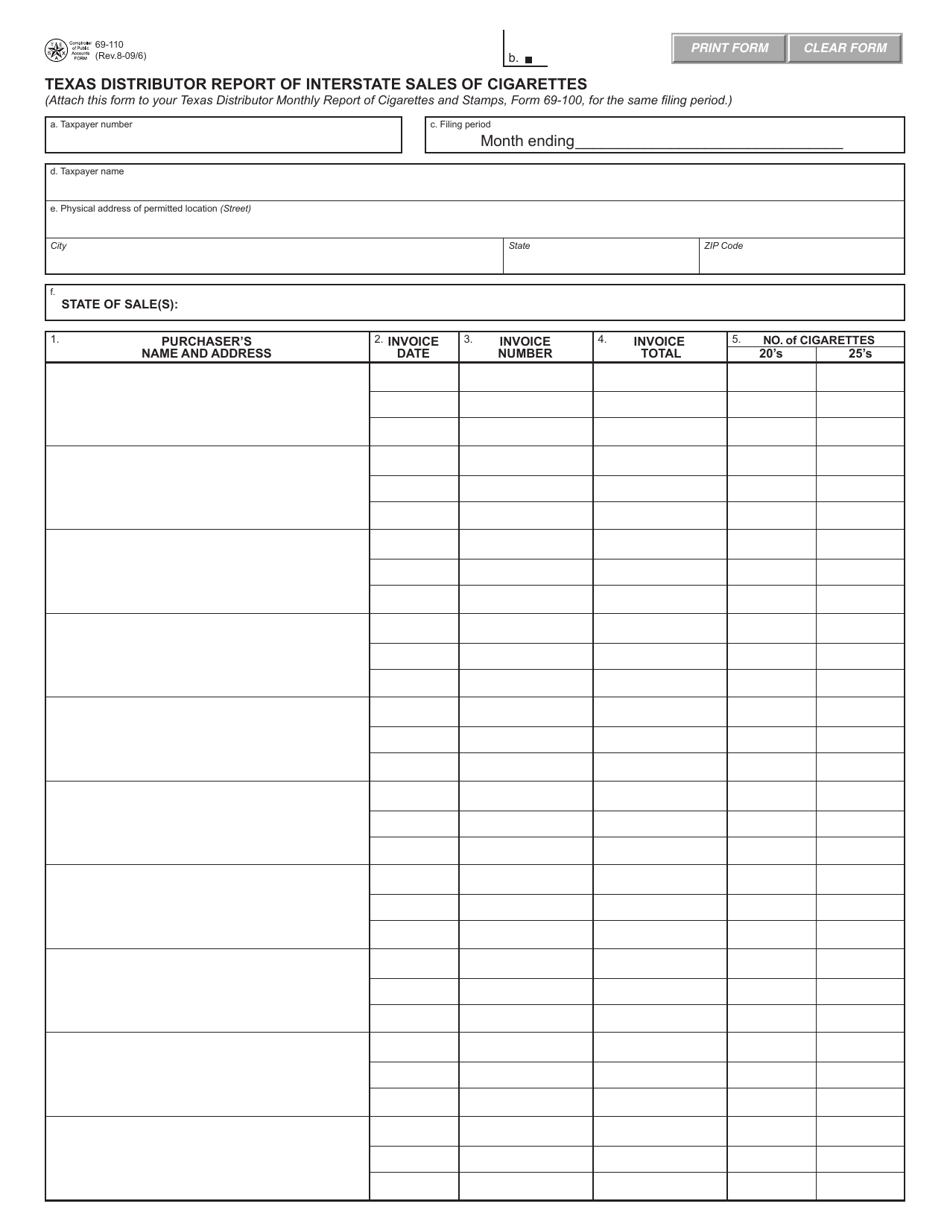 Form 69-110 Texas Distributor Report of Interstate Sales of Cigarettes - Texas, Page 1