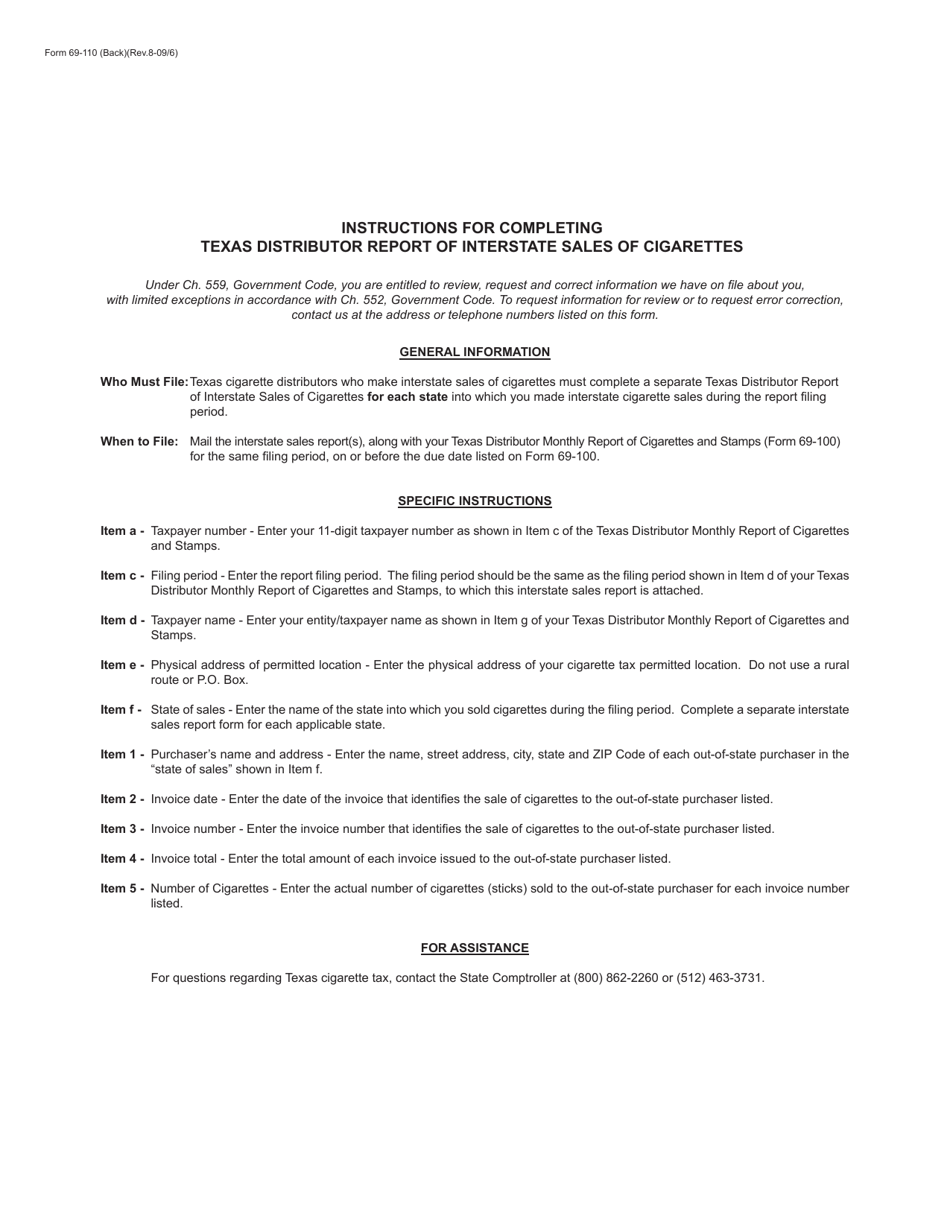 Form 69-110 Texas Distributor Report of Interstate Sales of Cigarettes - Texas, Page 2