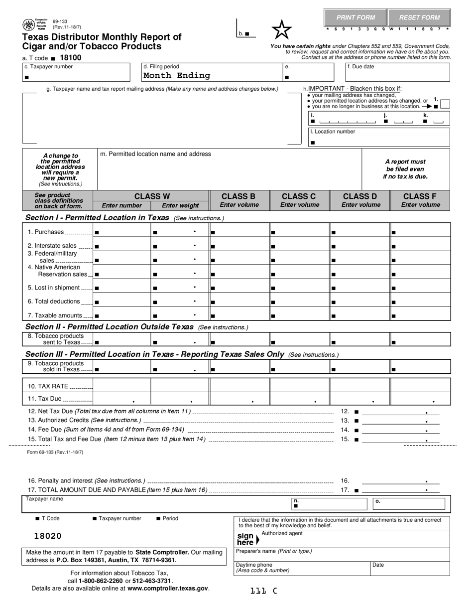 Form 69-133 Texas Distributor Monthly Report of Cigar and / or Tobacco Products - Texas, Page 1