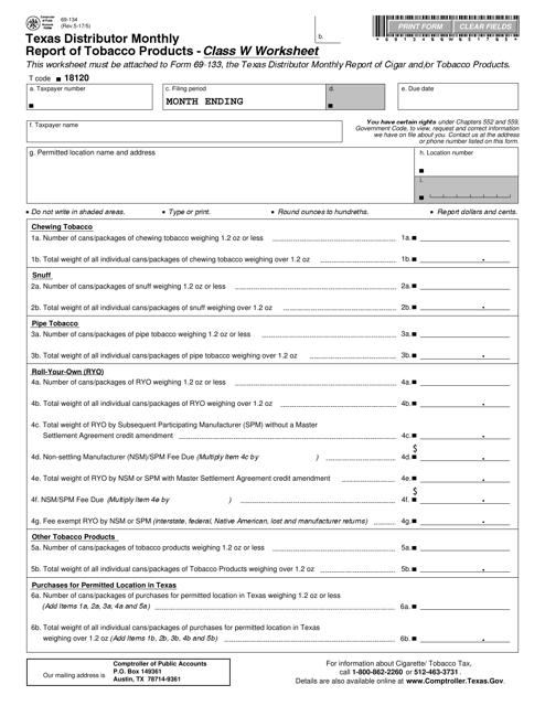 Form 69-134 Texas Distributor Monthly Report of Tobacco Products - Class W Worksheet - Texas
