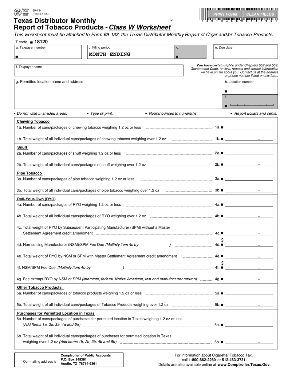 Form 69-134 Texas Distributor Monthly Report of Tobacco Products - Class W Worksheet - Texas, Page 1