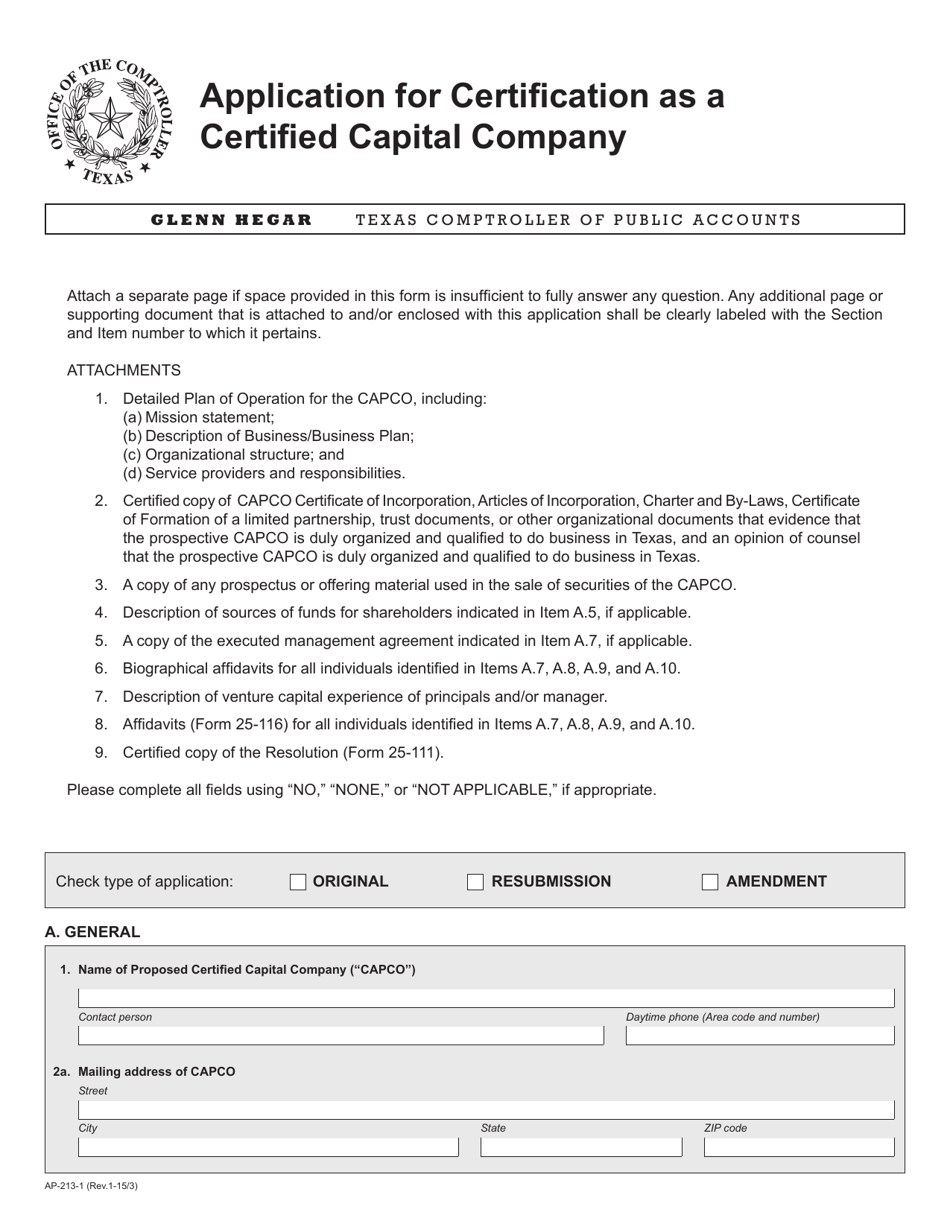 Form AP-213 Texas Application for Certification as a Certified Capital Company - Texas, Page 1
