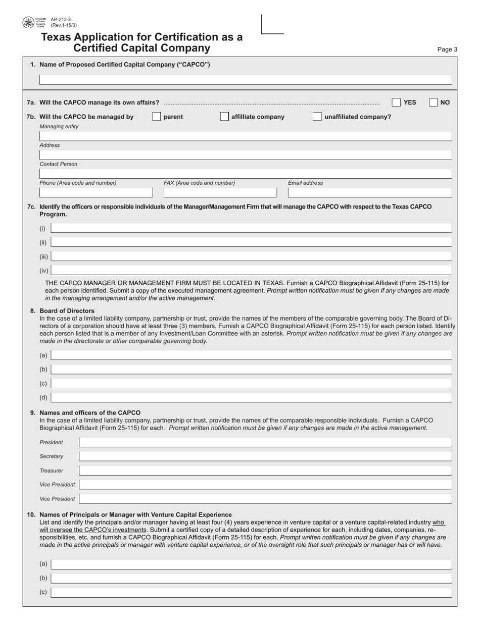 Form AP-213 Texas Application for Certification as a Certified Capital Company - Texas, Page 3