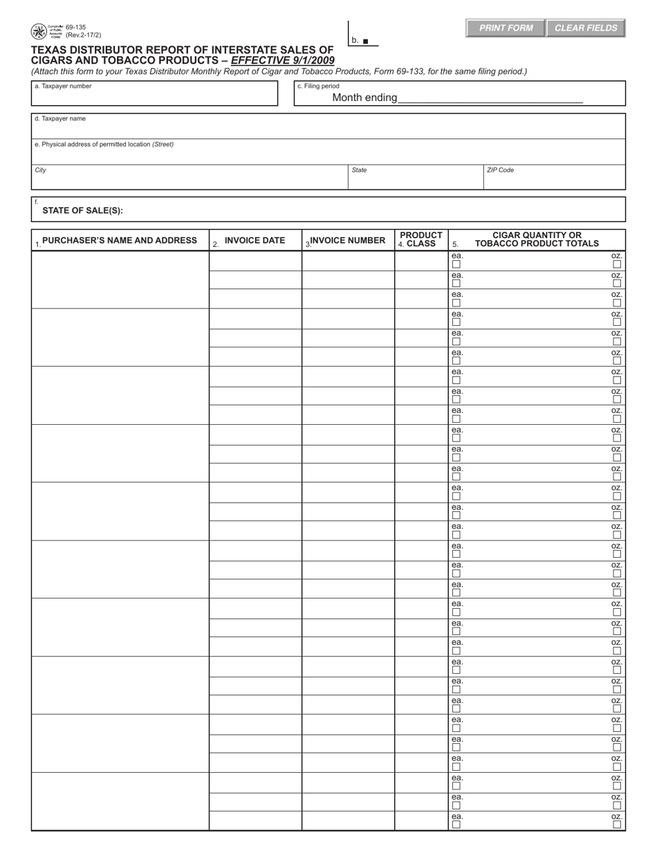 Form 69-135 Texas Distributor Report of Interstate Sales of Cigars and Tobacco Products - Texas, Page 1