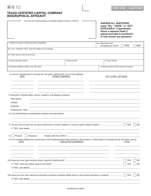 Form 25-115 Texas Certified Capital Company Biographical Affidavit - Texas