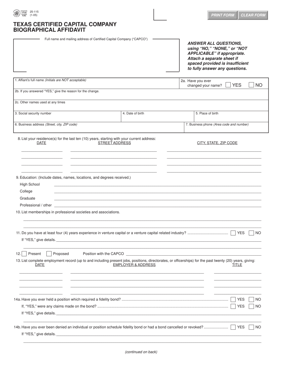 Form 25-115 Texas Certified Capital Company Biographical Affidavit - Texas, Page 1