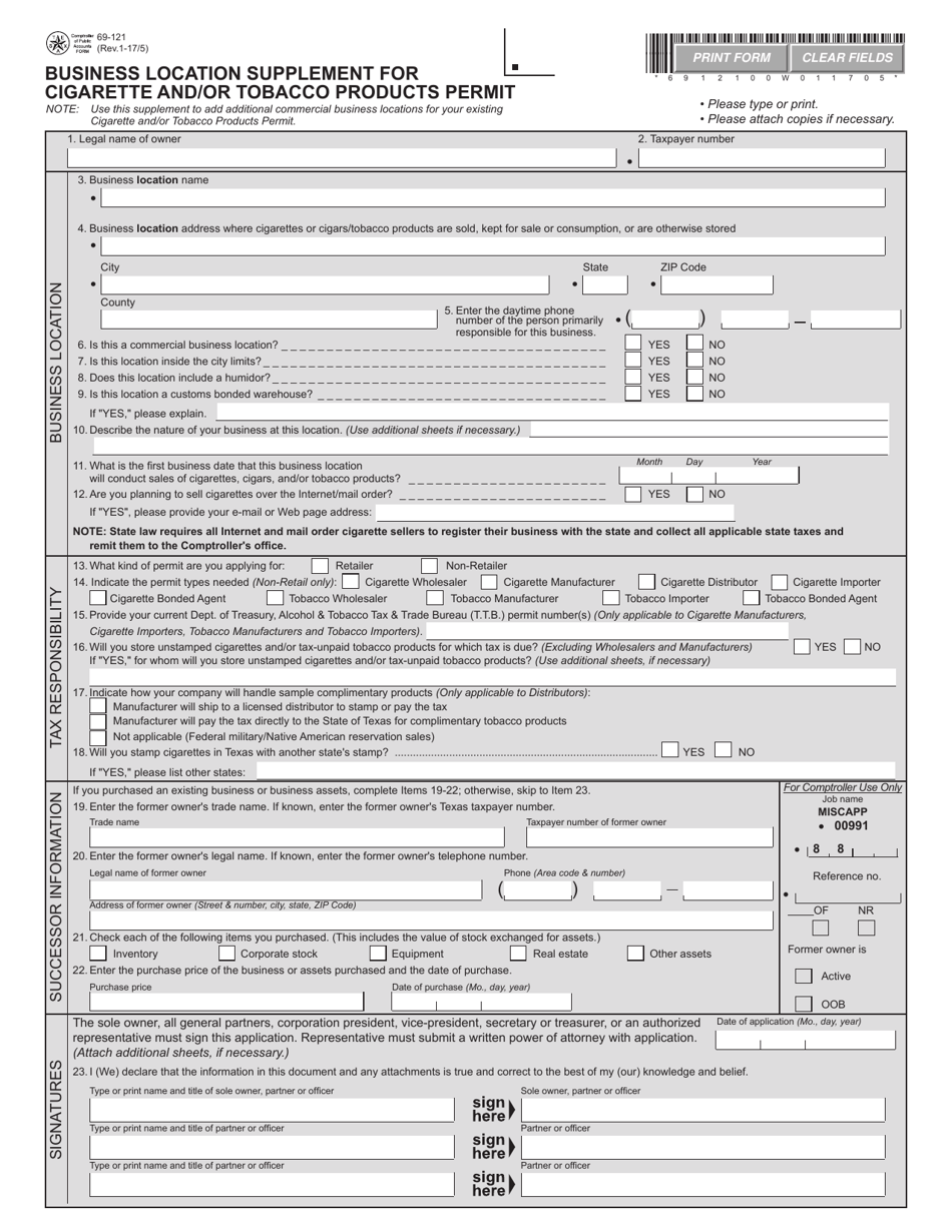 Form 69-121 Business Location Supplement for Cigarette and / or Tobacco Products Permit - Texas, Page 1