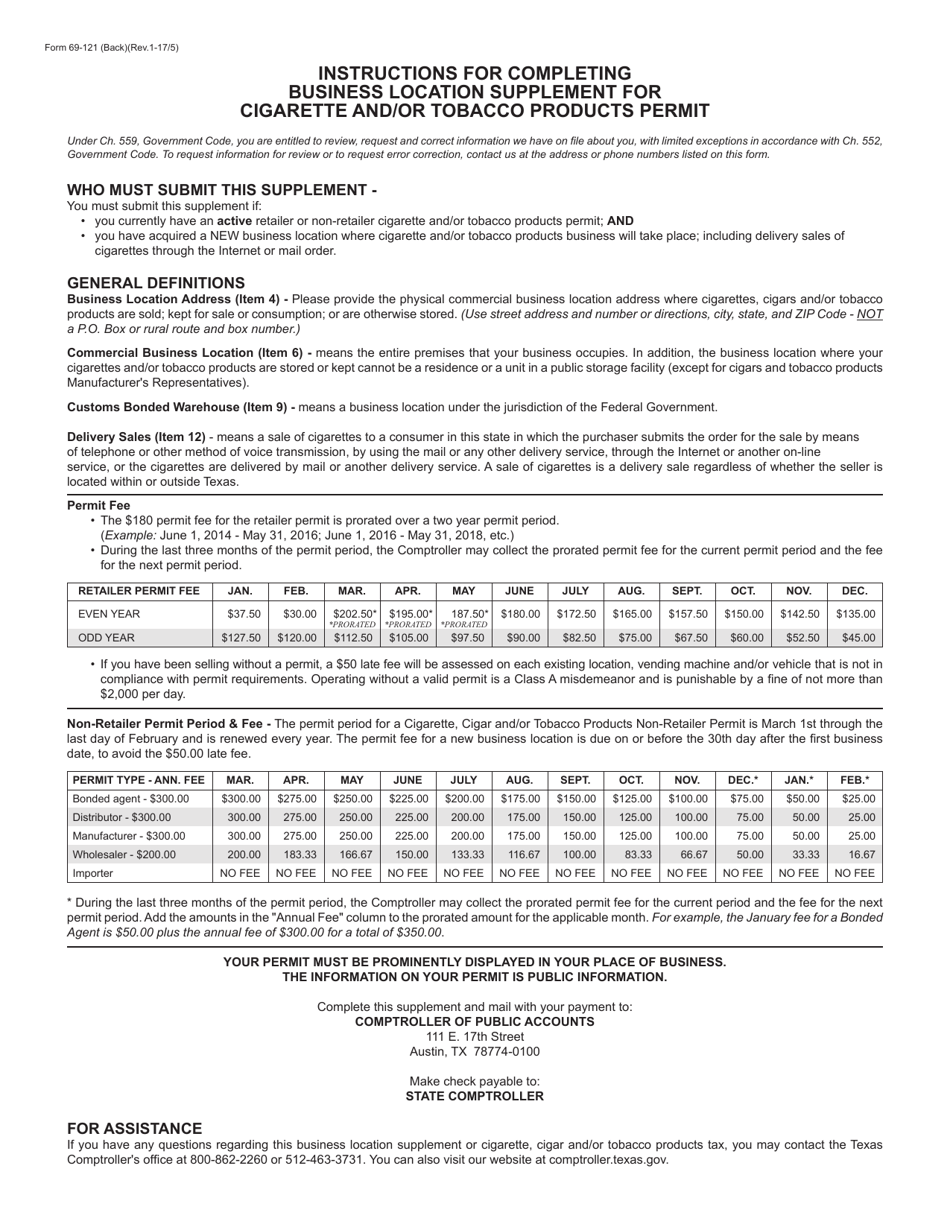 Form 69-121 Business Location Supplement for Cigarette and / or Tobacco Products Permit - Texas, Page 2