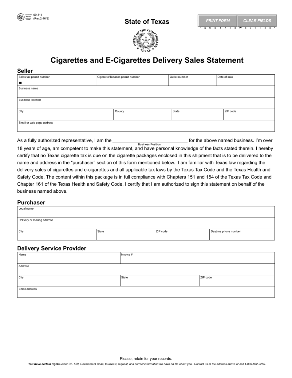 Form 69-311 Cigarettes and E-Cigarettes Delivery Sales Statement - Texas, Page 1