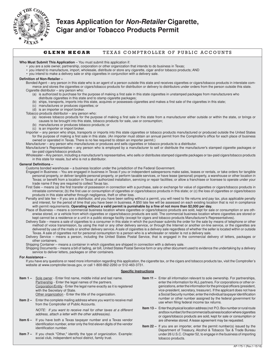 Form AP-175 Texas Application for Non-retailer Cigarette, Cigar and / or Tobacco Products Permit - Texas, Page 1