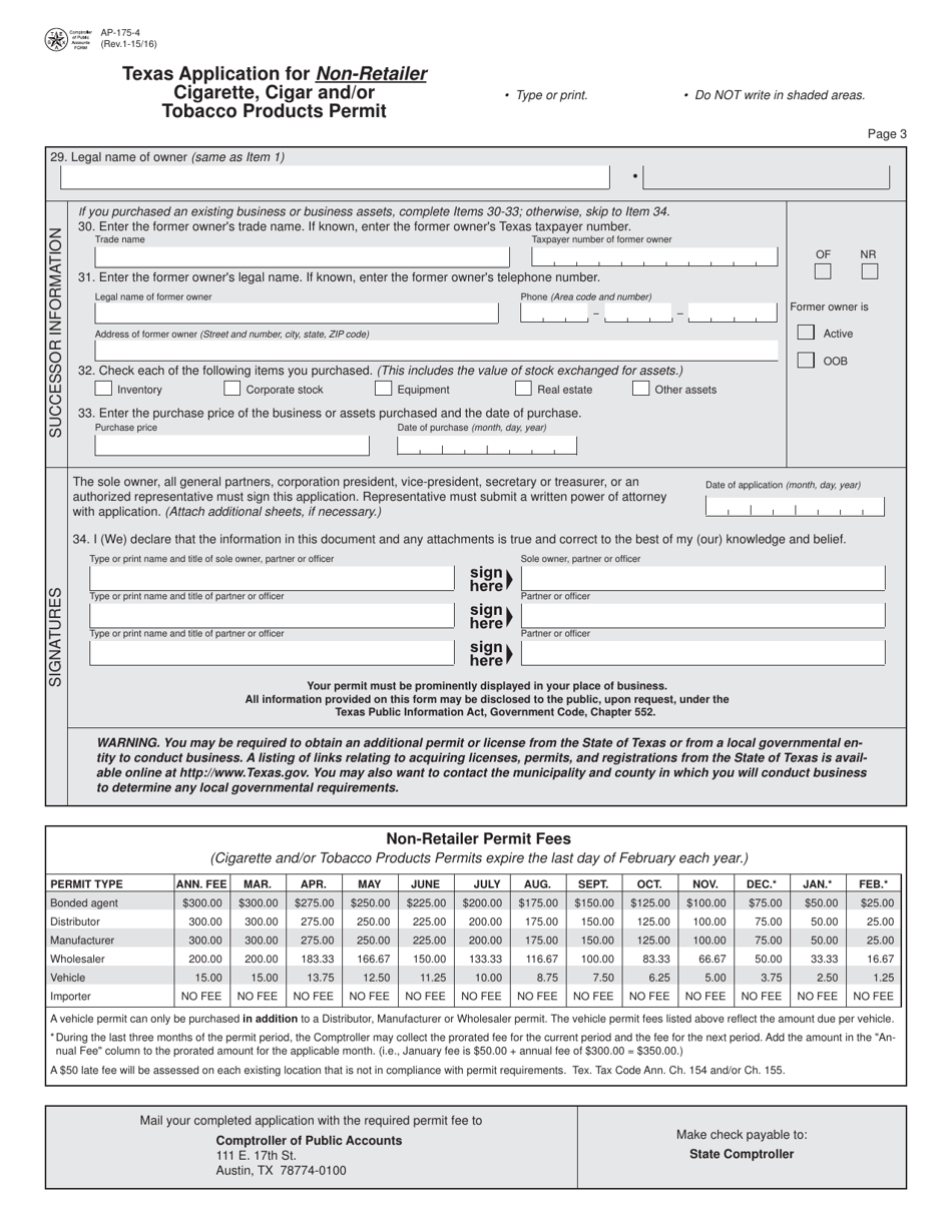 Form AP-175 Texas Application for Non-retailer Cigarette, Cigar and / or Tobacco Products Permit - Texas, Page 4