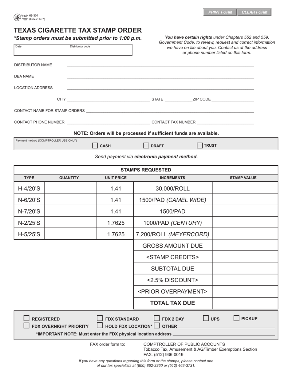 Form 69-304 Texas Cigarette Tax Stamp Order - Texas, Page 1