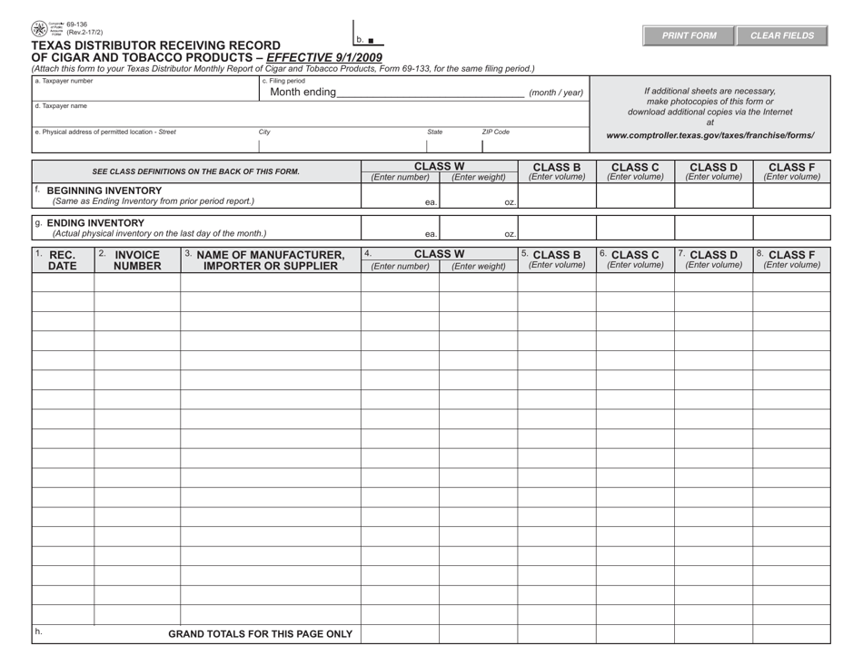 Form 69-136 Texas Distributor Receiving Record of Cigar and Tobacco Products - Texas, Page 1