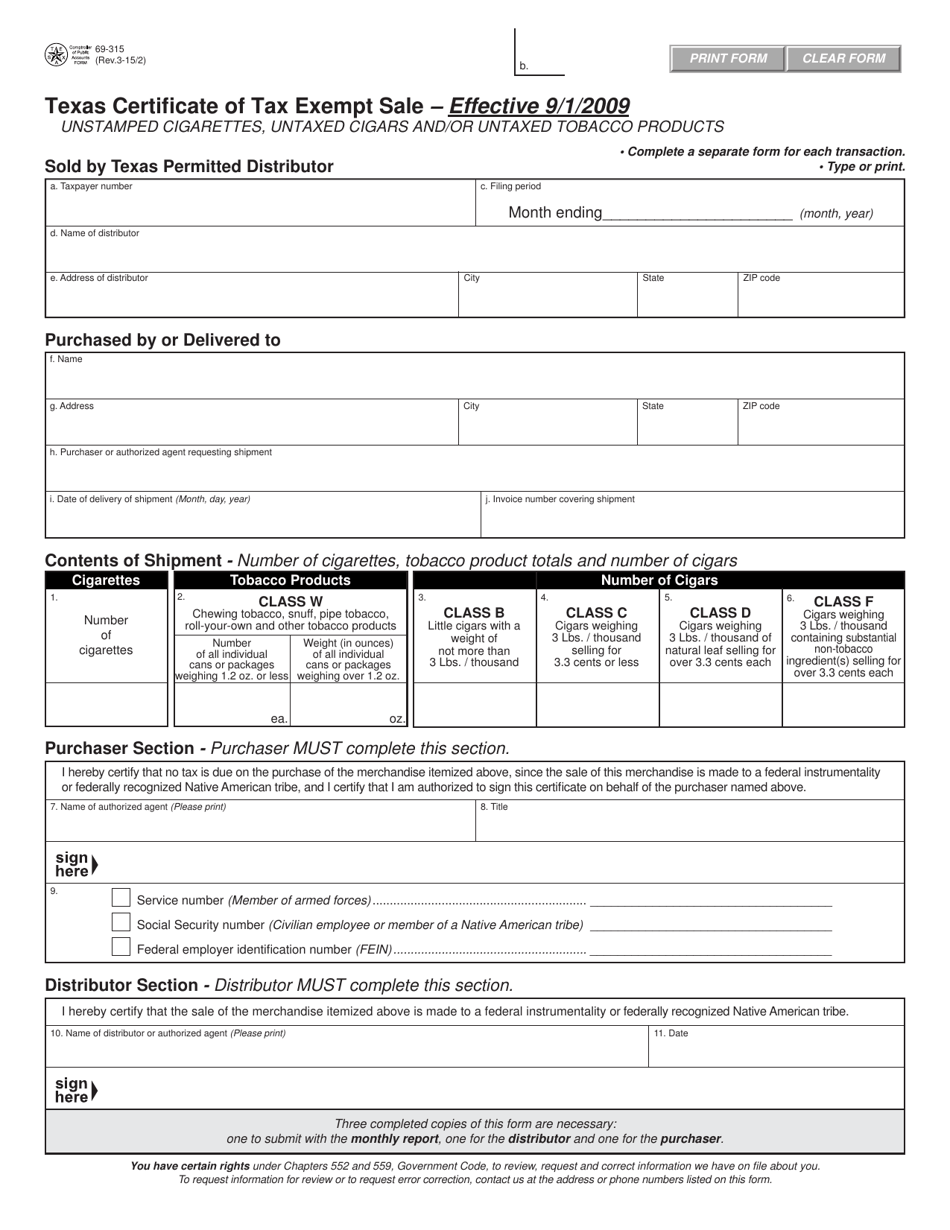 Form 69-315 Texas Certificate of Tax Exempt Sale - Texas, Page 1