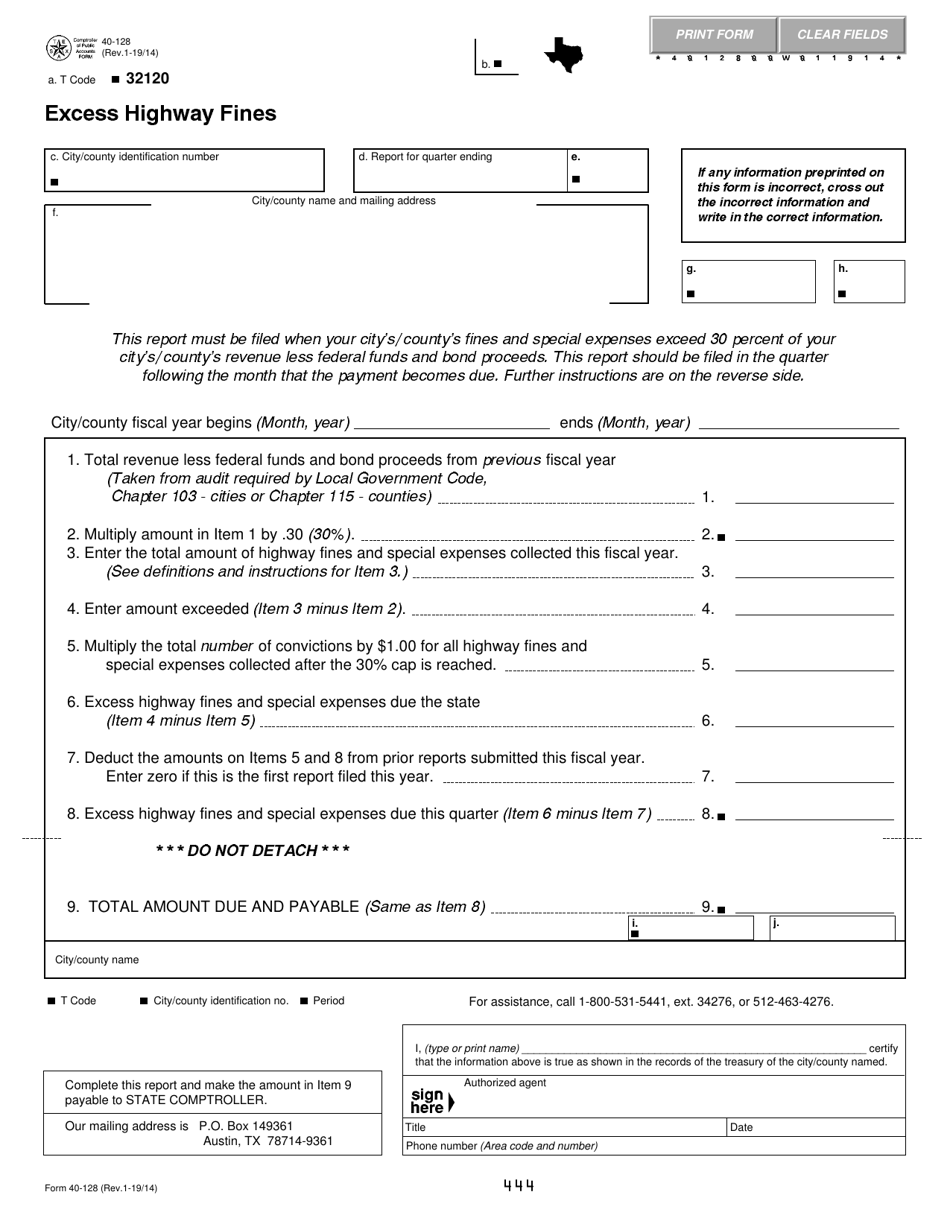 Form 40-128 Excess Highway Fines - Texas, Page 1