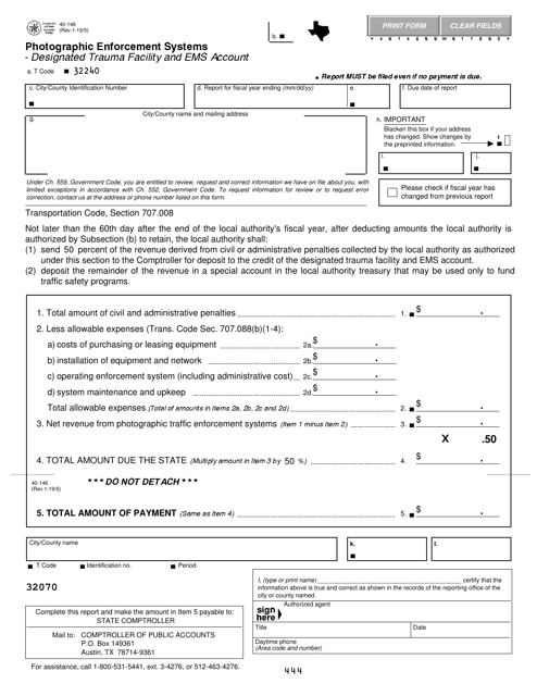 Form 40-146 Photographic Enforcement Systems - Designated Trauma Facility and EMS Account - Texas