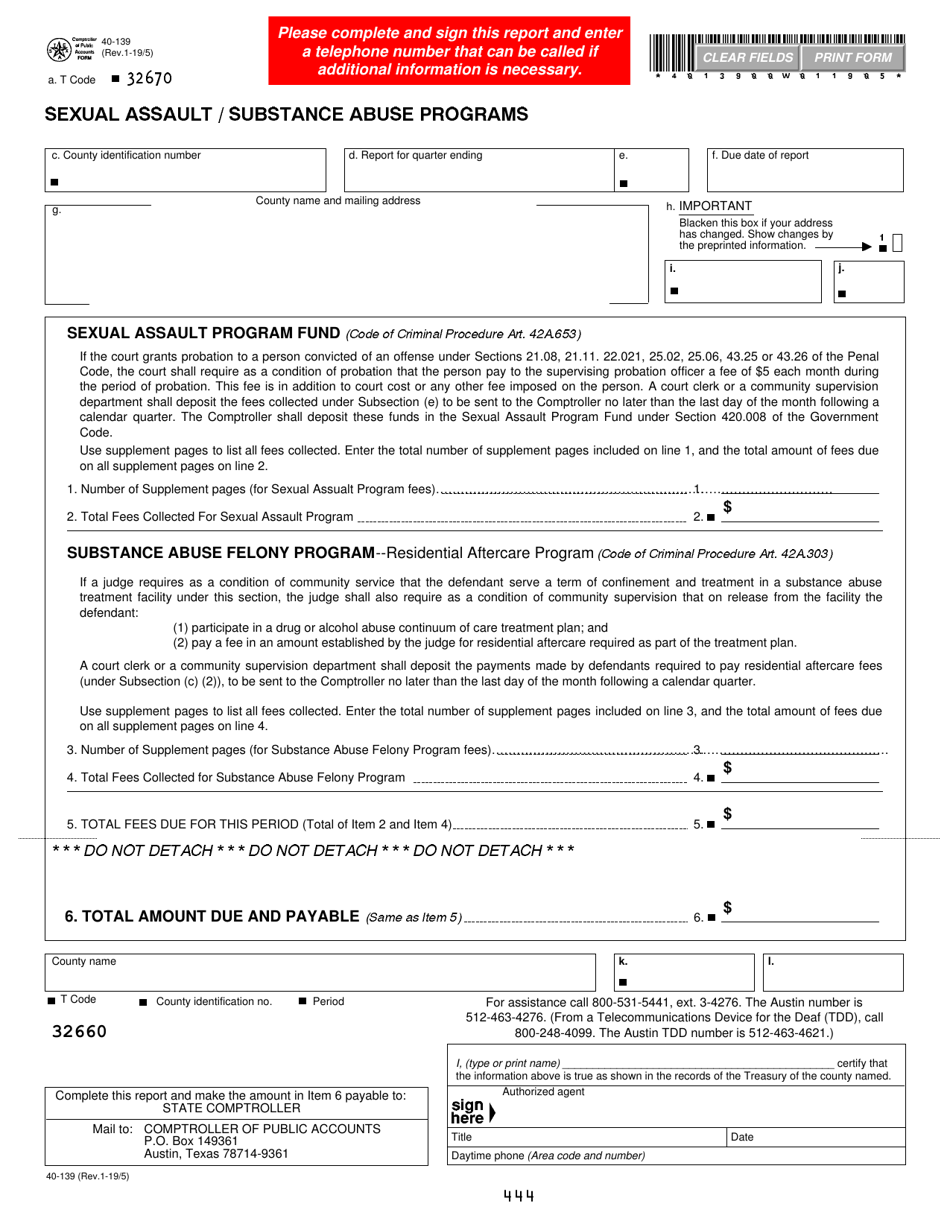 Form 40-139 Sexual Assault / Substance Abuse Programs - Texas, Page 1