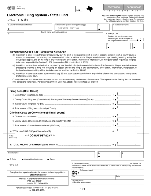 Form 40-151  Printable Pdf
