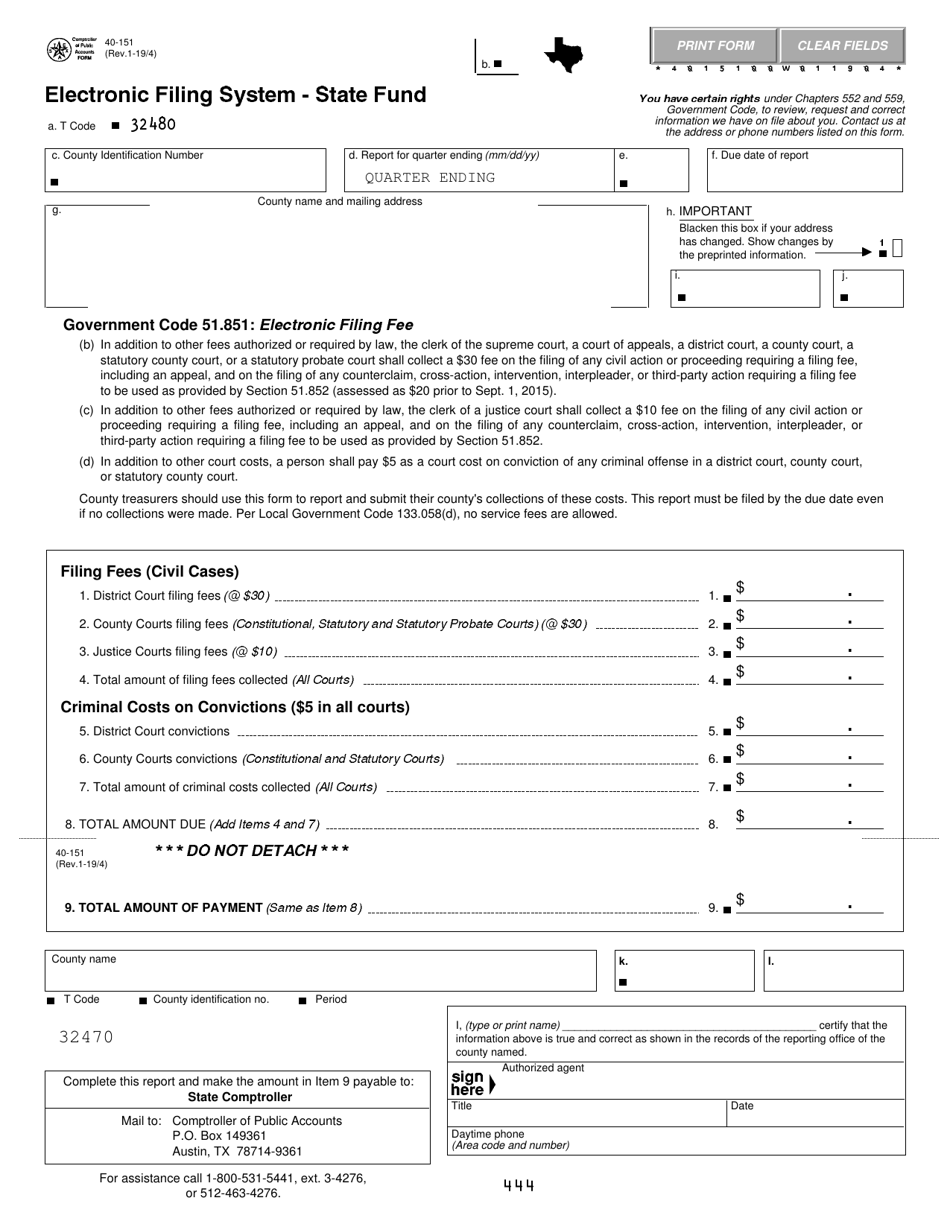 Form 40-151 Electronic Filing System - State Fund - Texas, Page 1