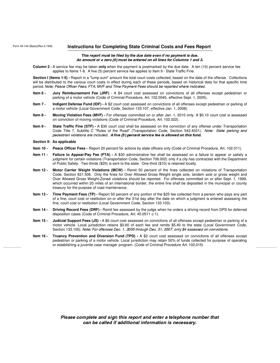 Form 40-144 State Criminal Costs and Fees - City Quarterly Report - Texas, Page 2