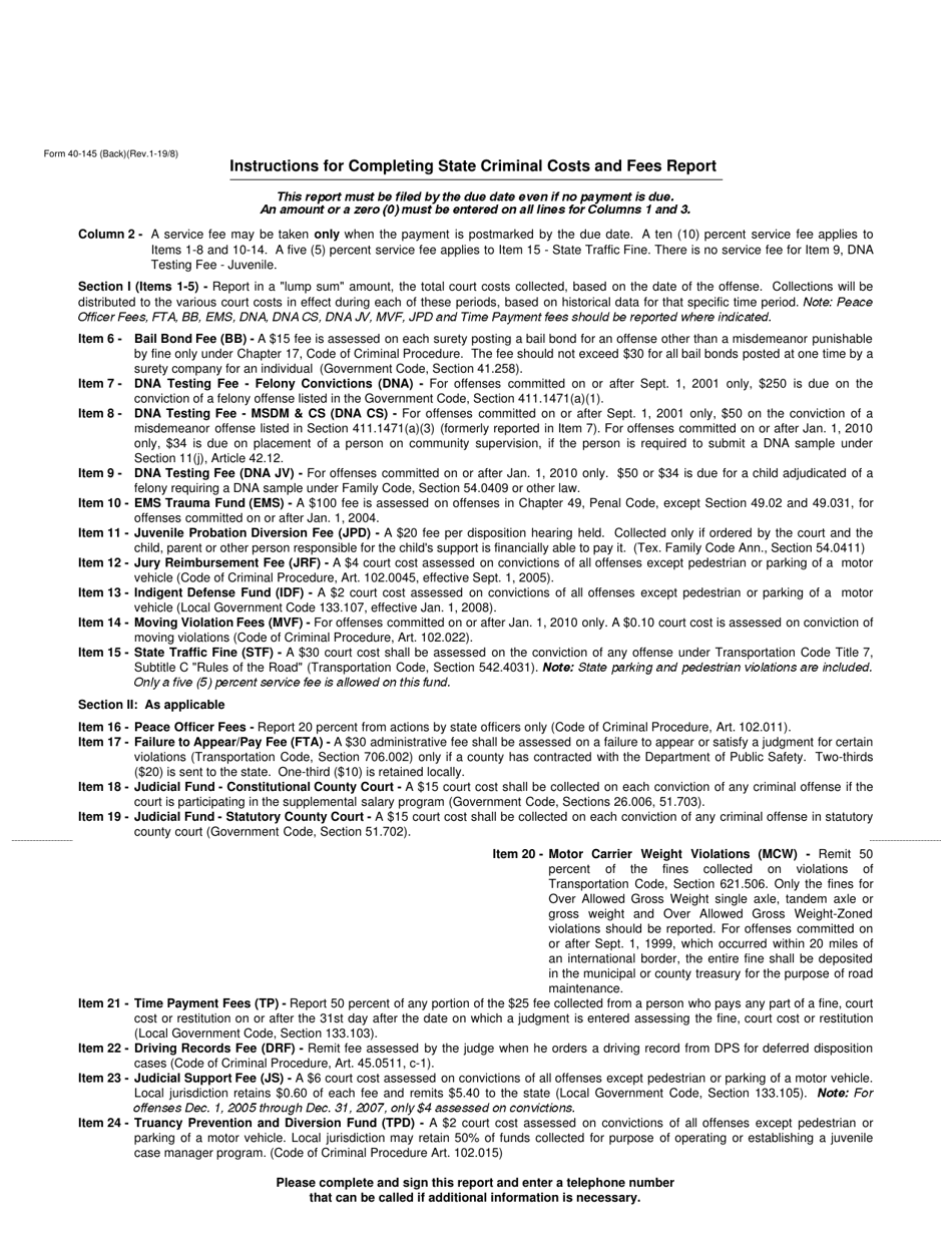 Form 40-145 State Criminal Costs and Fees - County Quarterly Report - Texas, Page 2