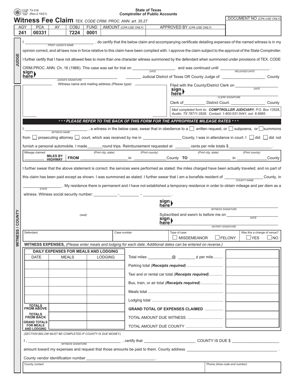 Form 73-316 Witness Fee Claim - Texas, Page 1