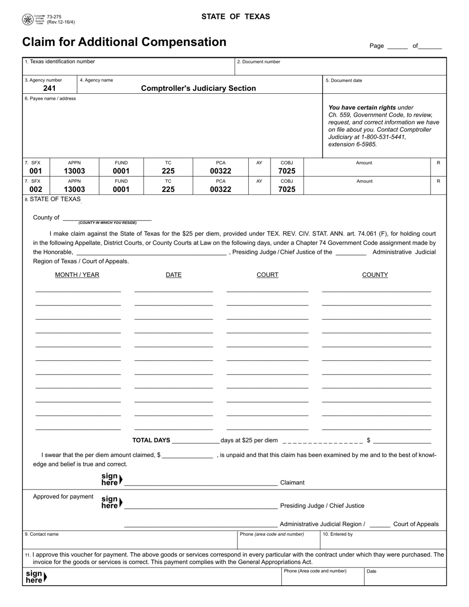 Form 73-275 Claim for Additional Compensation - Texas, Page 1