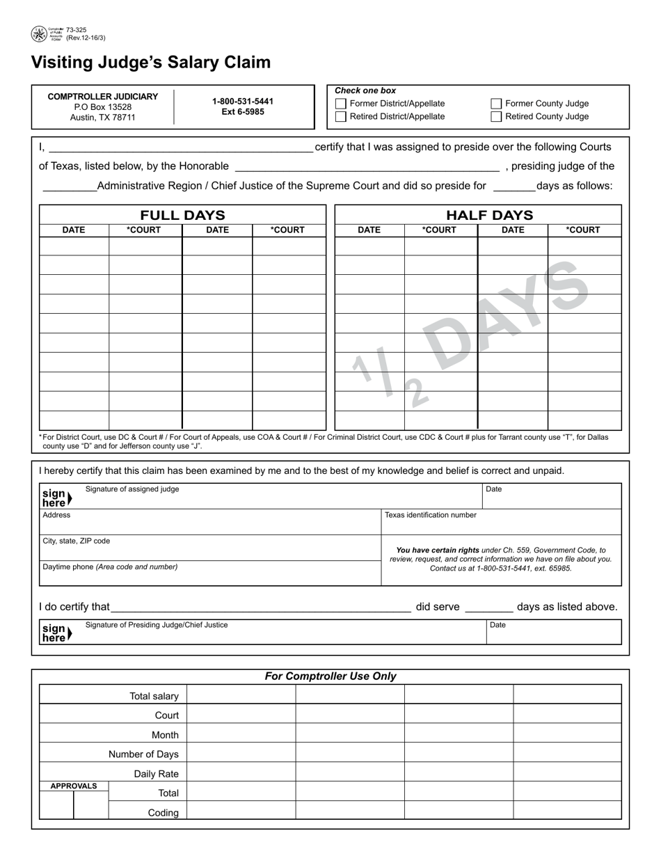 Form 73-325 Visiting Judges Salary Claim - Texas, Page 1