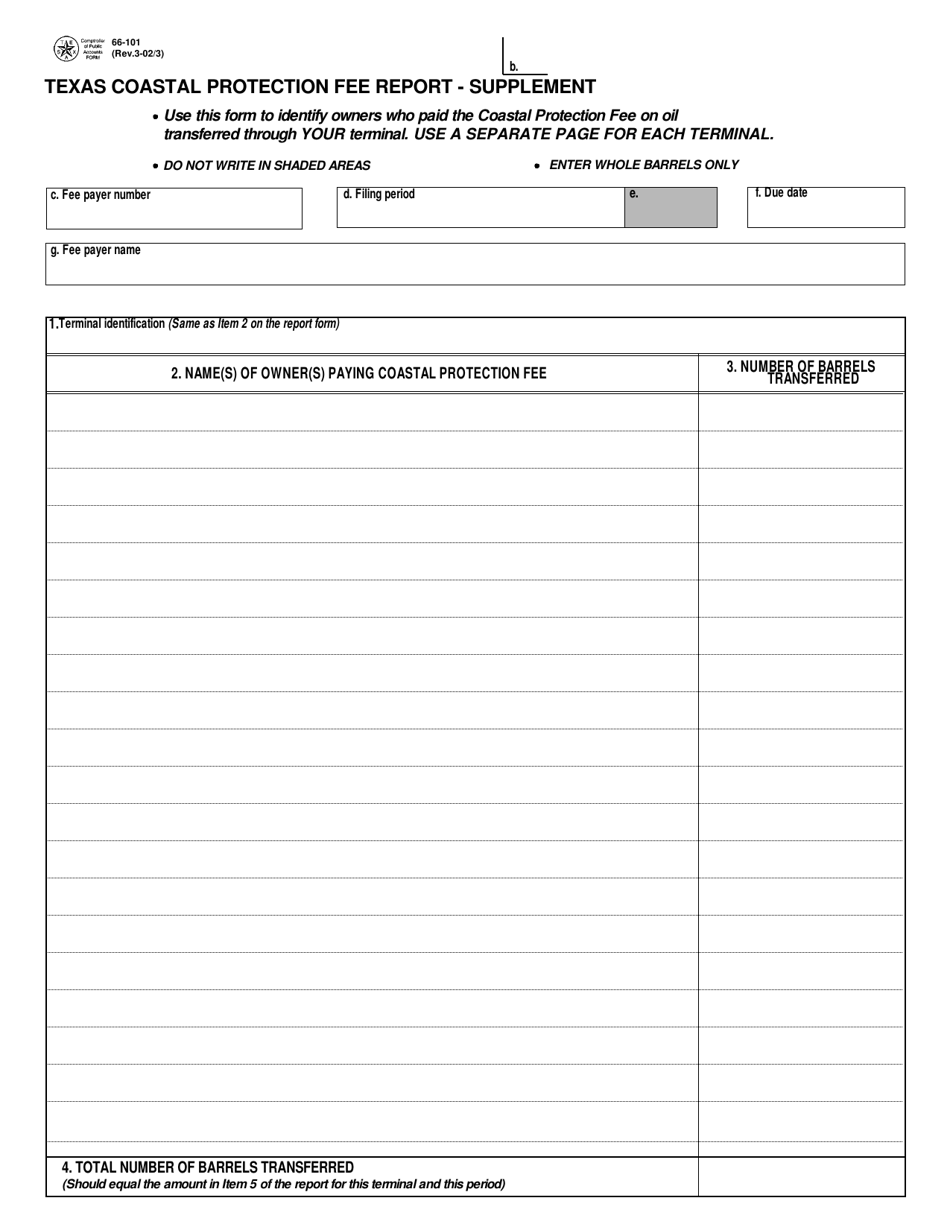 Form 66-101 Texas Coastal Protection Fee Report - Supplement - Texas, Page 1