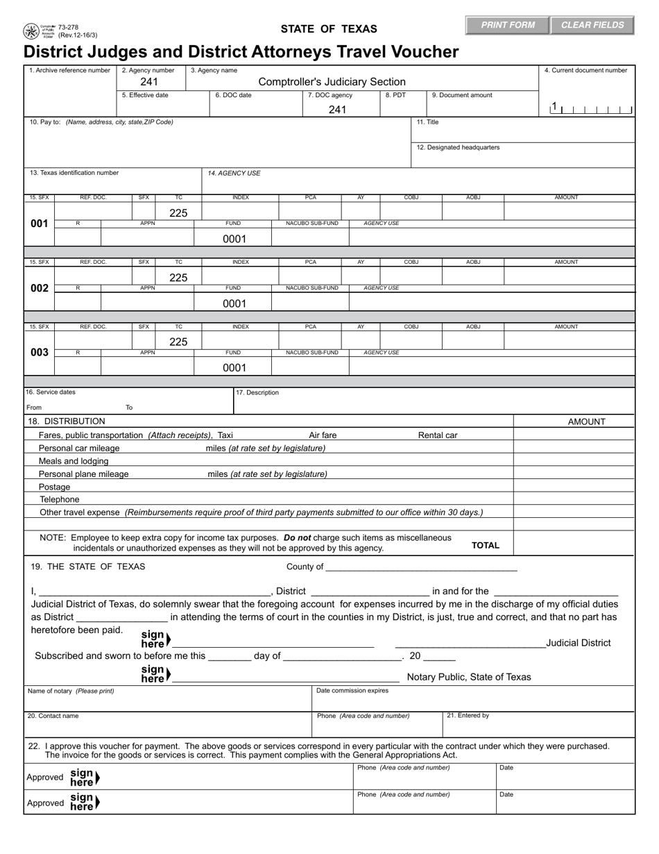 Form 73-278 District Judges and District Attorneys Travel Voucher - Texas, Page 1