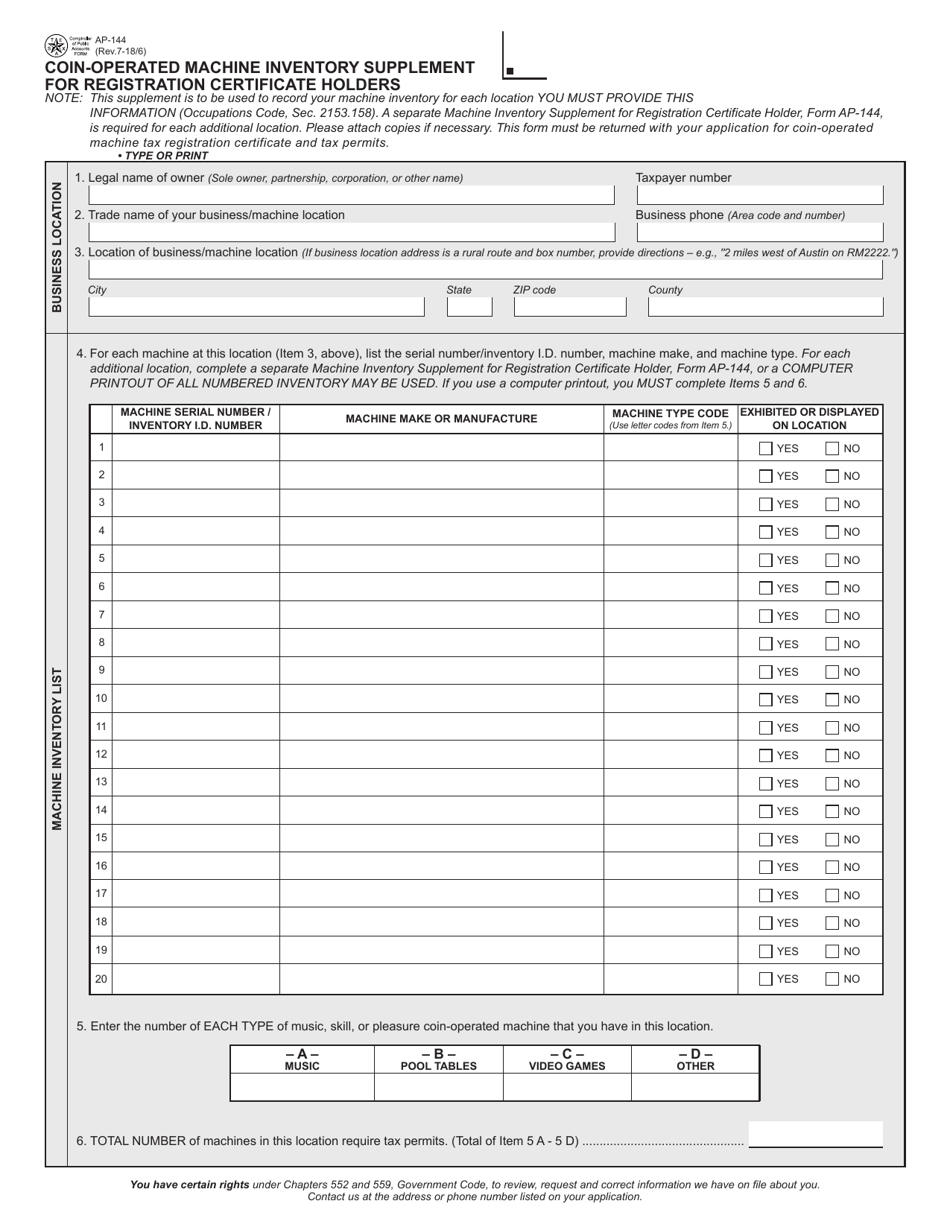Form AP-144 Coin-Operated Machine Inventory Supplement for Registration Certificate Holders - Texas, Page 1