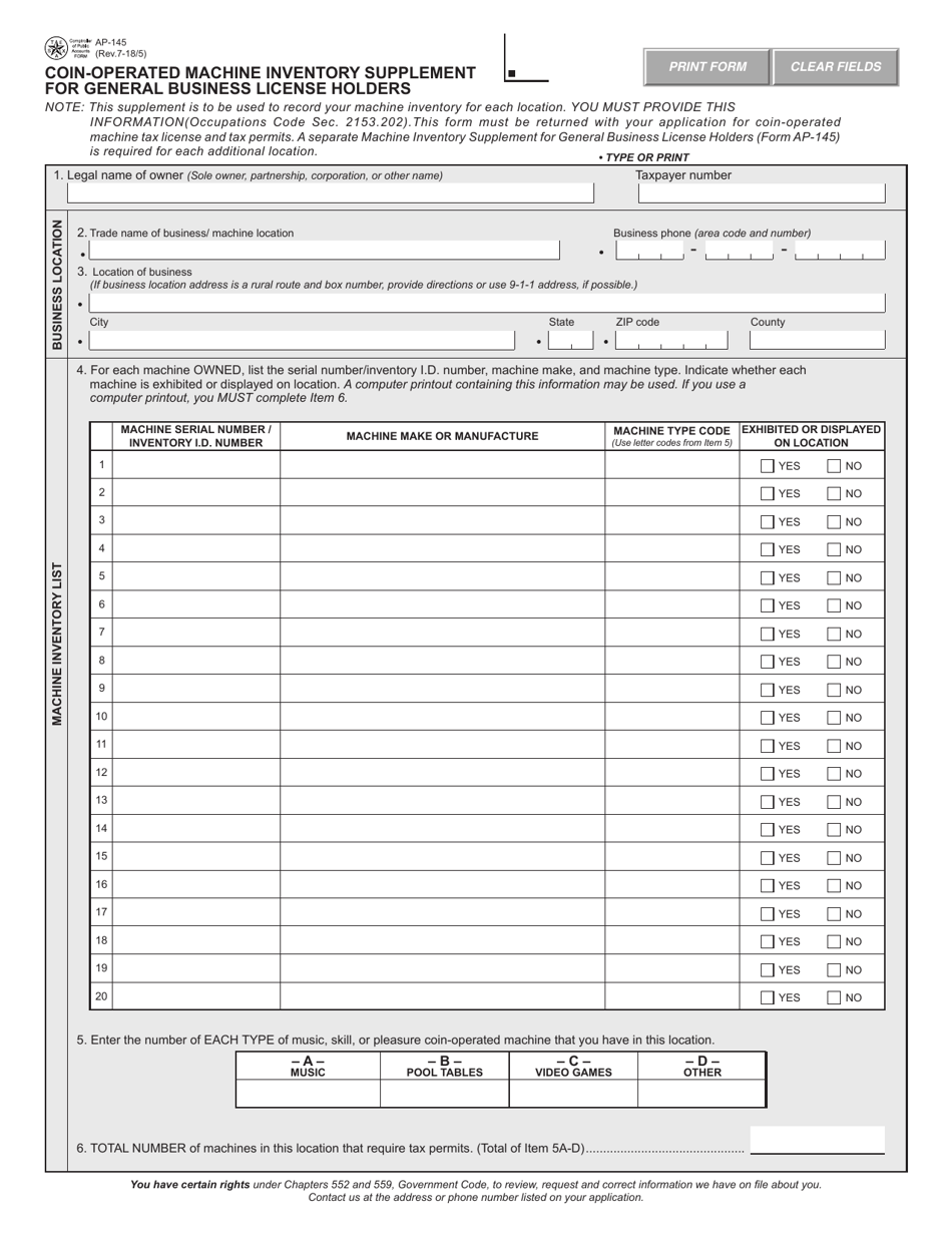 Form AP-145 Coin-Operated Machine Inventory Supplement for General Business License Holders - Texas, Page 1