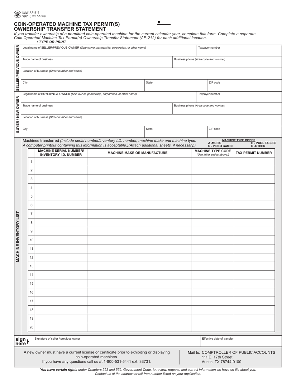 Form AP-212 Coin-Operated Machine Tax Permit(S) Ownership Transfer Statement - Texas, Page 1