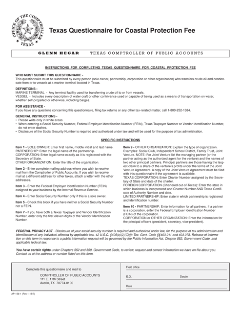 Form AP-159 Texas Questionnaire for Coastal Protection Fee - Texas