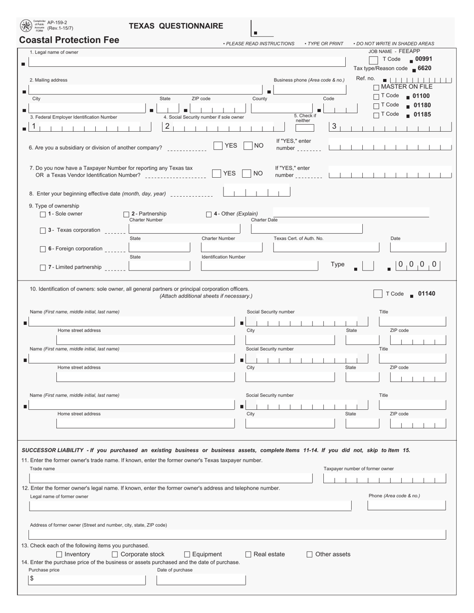 Form AP-159 Texas Questionnaire for Coastal Protection Fee - Texas, Page 2