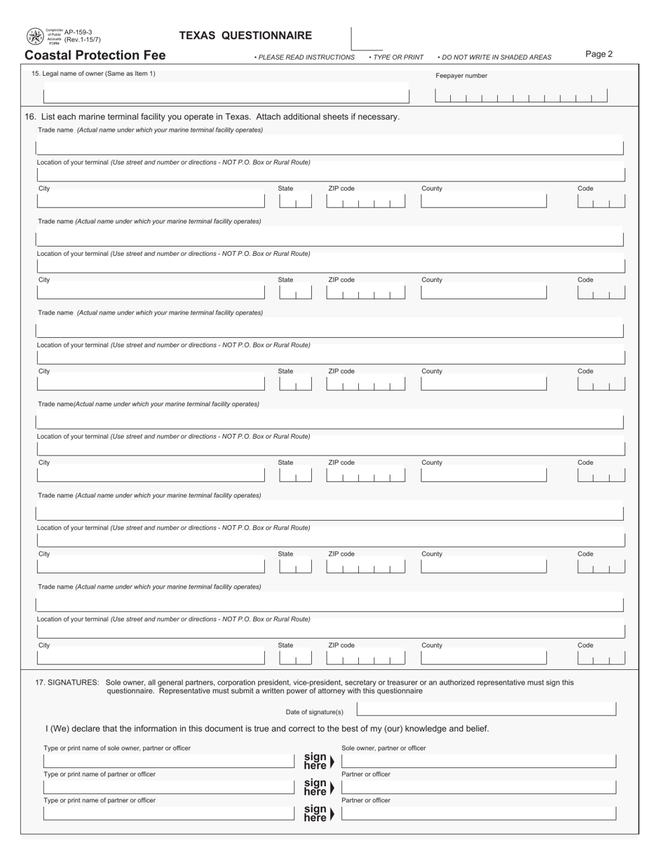 Form AP-159 Texas Questionnaire for Coastal Protection Fee - Texas, Page 3