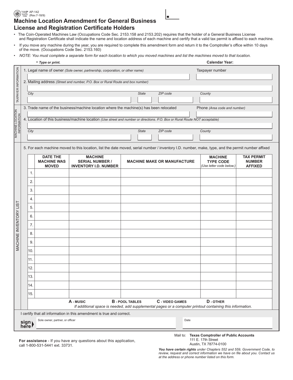 Form AP-142 Machine Location Amendment for General Business License and Registration Certificate Holders - Texas, Page 1