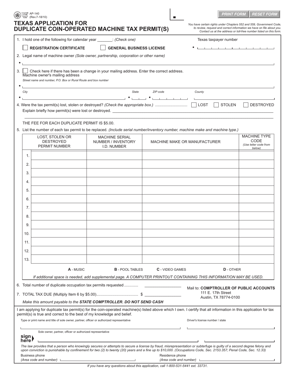 Form AP-140 Texas Application for Duplicate Coin-Operated Machine Tax Permit(S) - Texas, Page 1