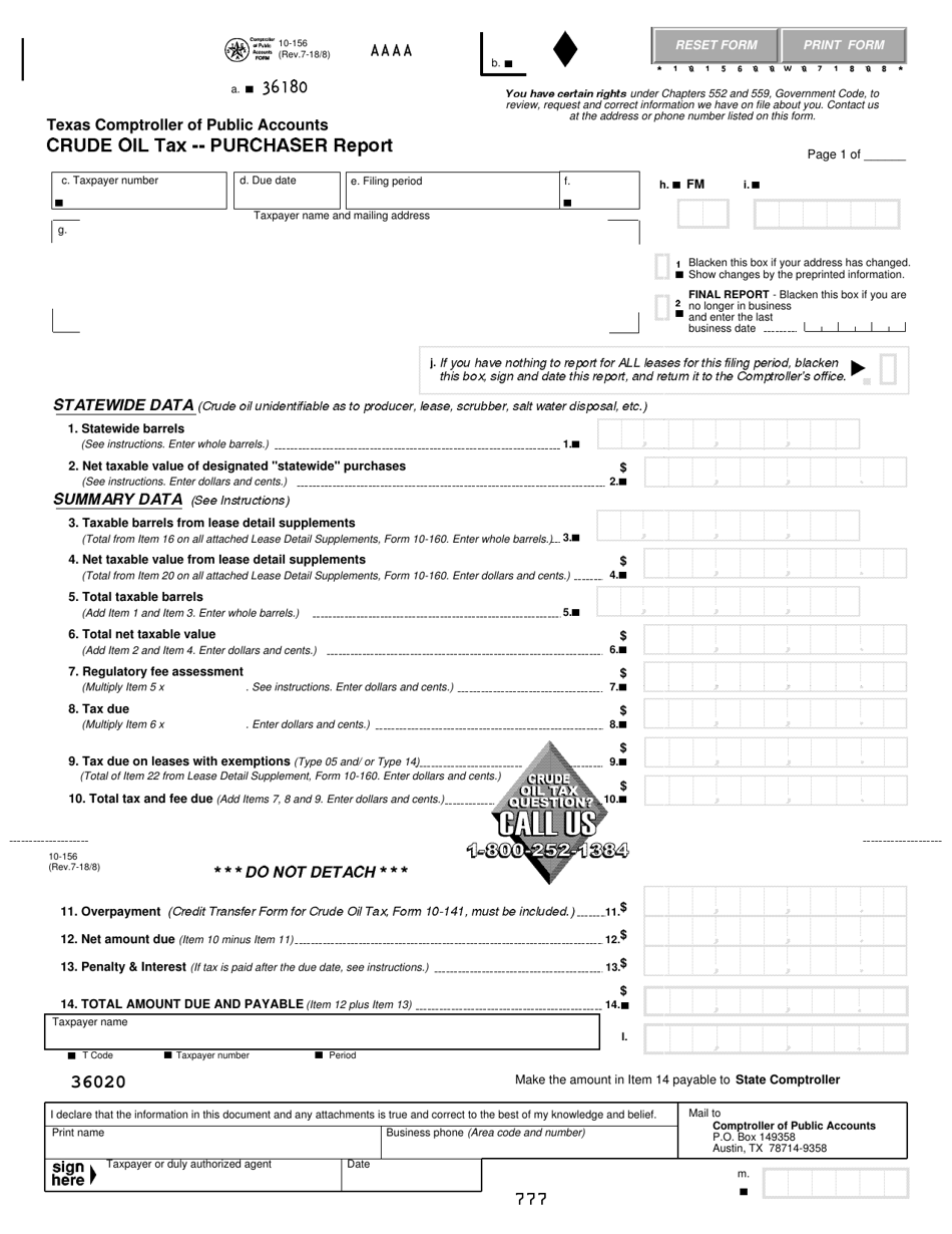 Form 10-156 Crude Oil Tax - Purchaser Report - Texas, Page 1