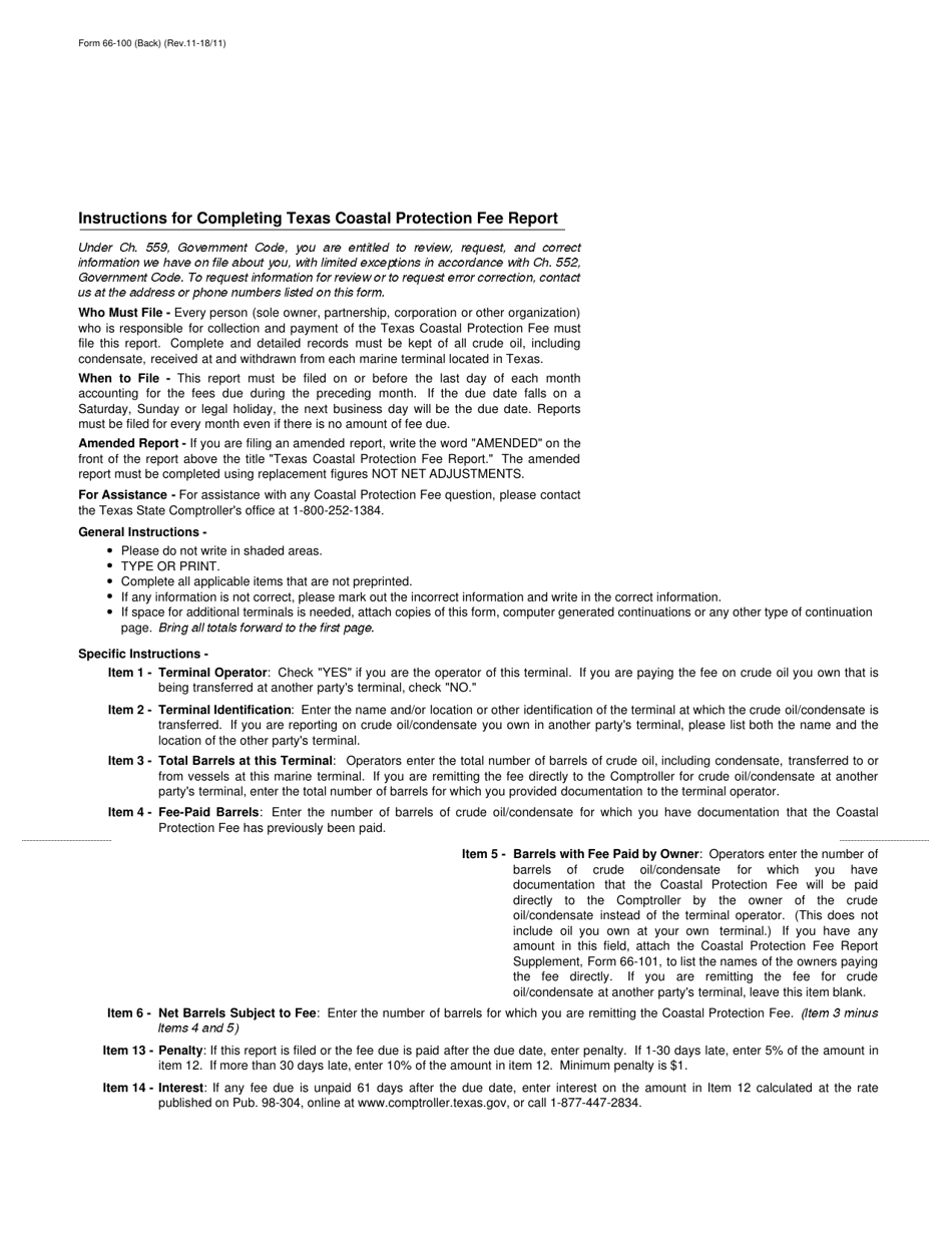Form 66-100 Texas Coastal Protection Fee Report - Texas, Page 2