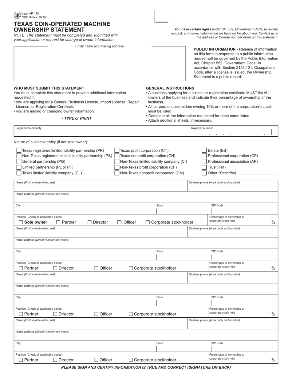 Form AP-138 Texas Coin-Operated Machine Ownership Statement - Texas, Page 1