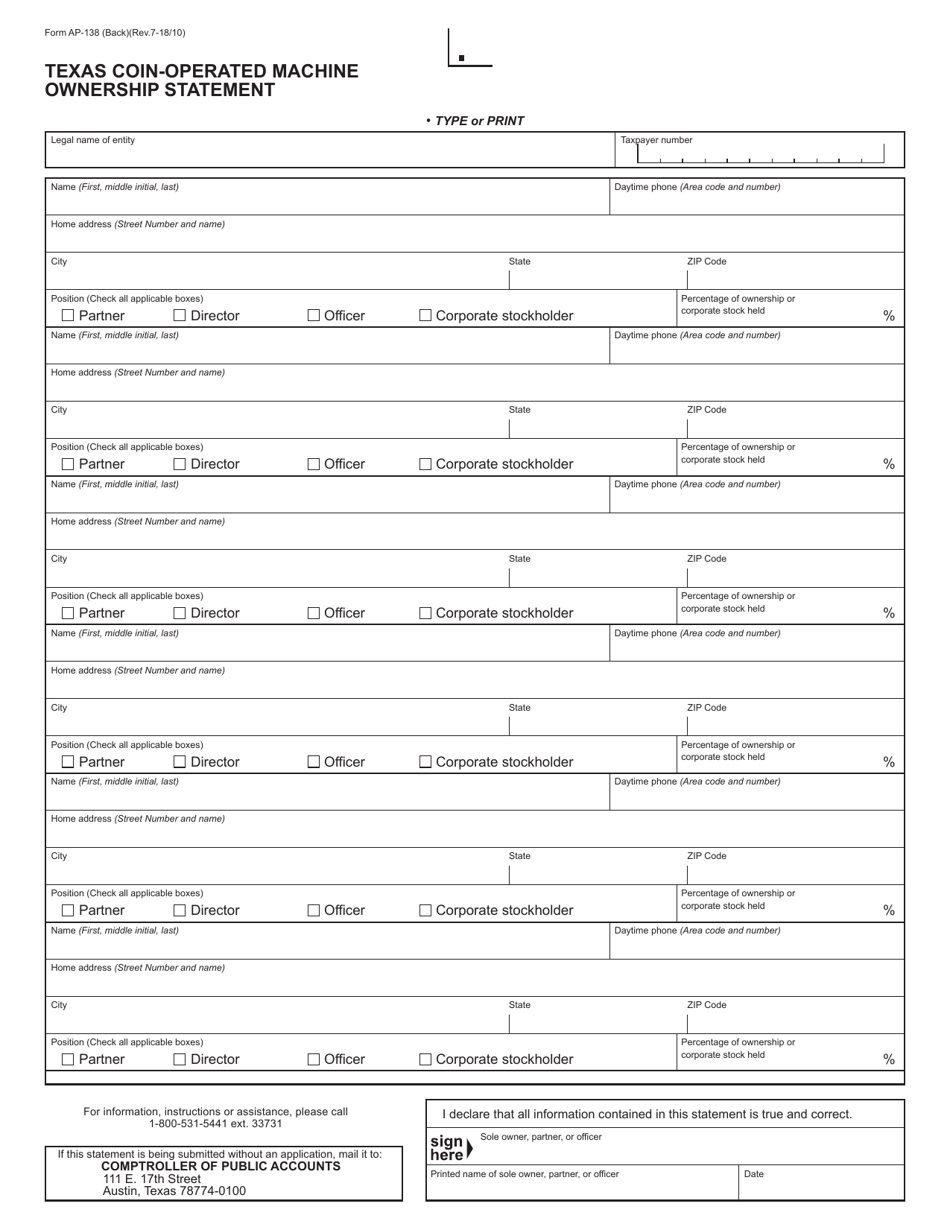 Form AP-138 Texas Coin-Operated Machine Ownership Statement - Texas, Page 2