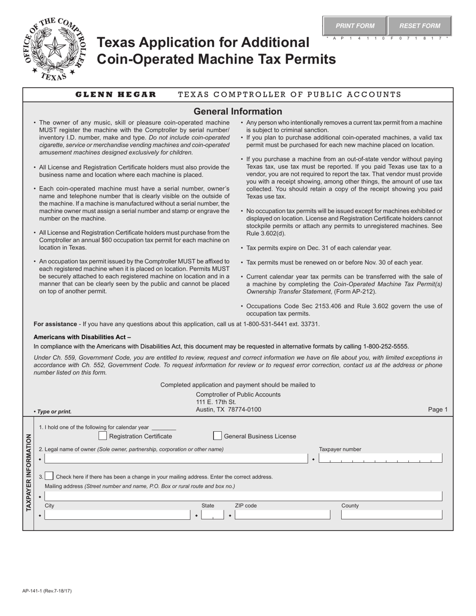 Form AP-141 Texas Application for Additional Coin-Operated Machine Tax Permits - Texas, Page 1