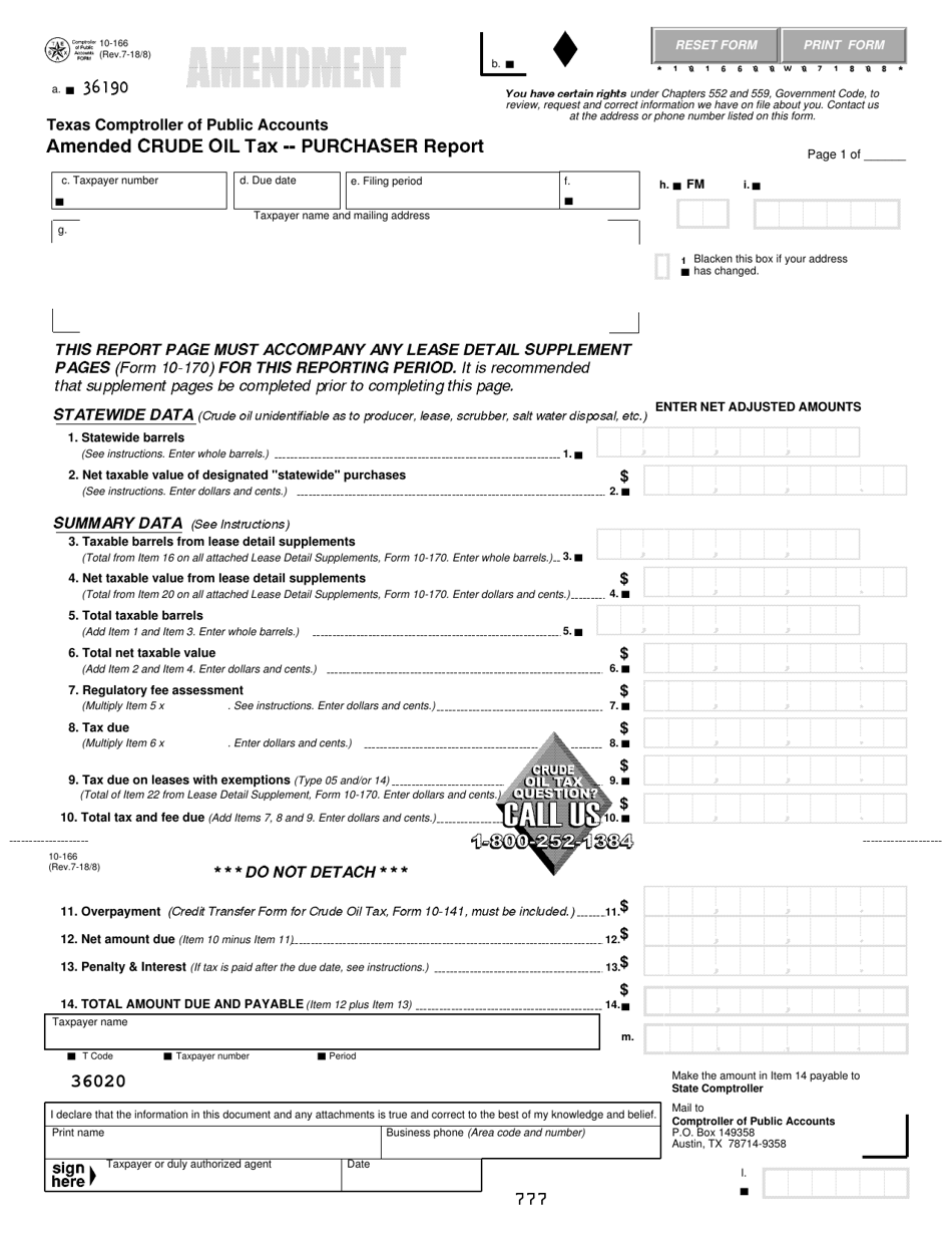 Form 10-166 Amended Crude Oil Tax - Purchaser Report - Texas, Page 1