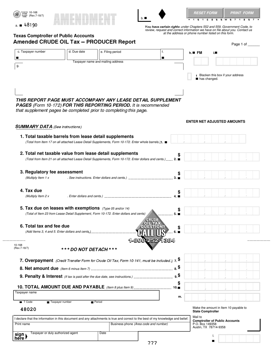 Form 10-168 Amended Crude Oil Tax Producer Report - Texas, Page 1