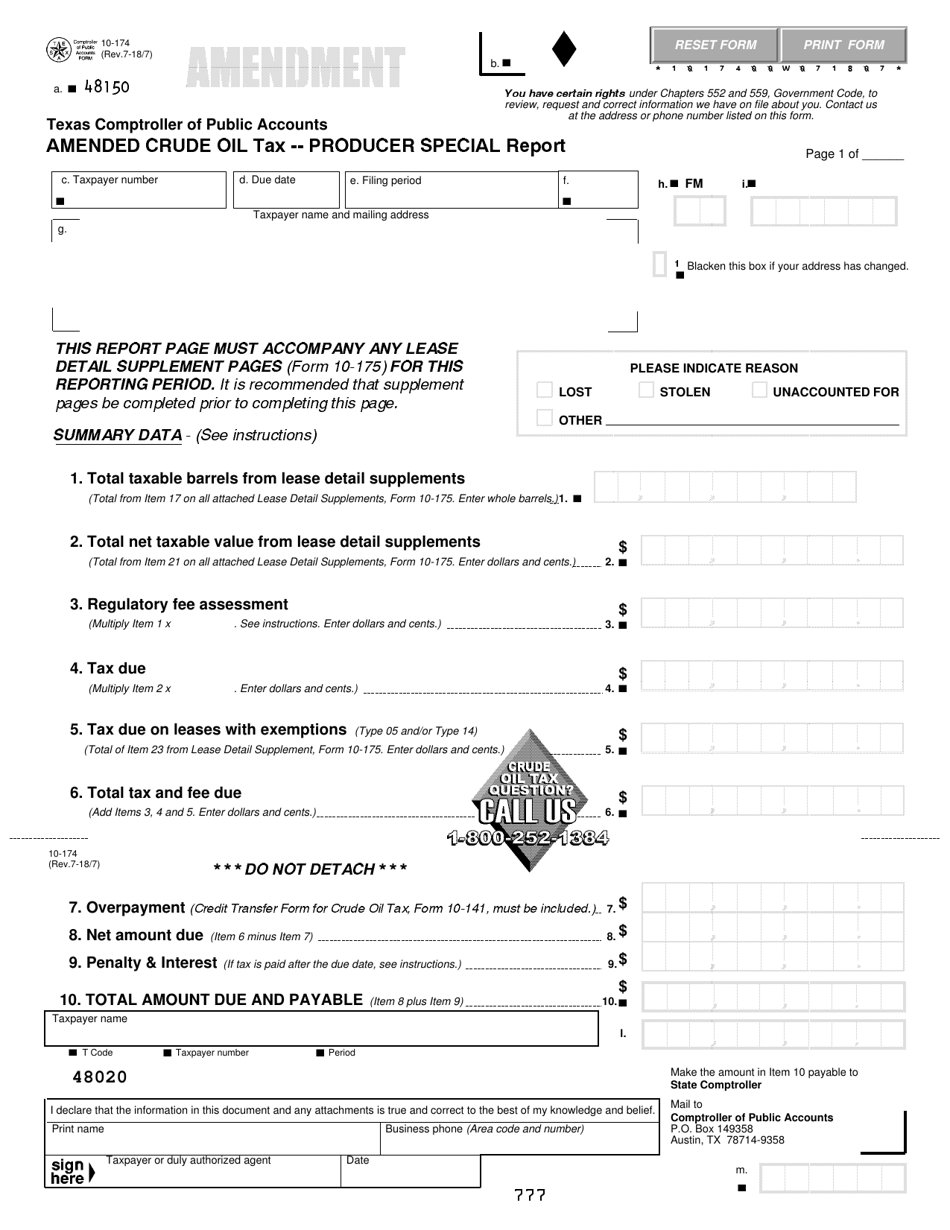 Form 10-174 Amended Crude Oil Tax Producer Special Report - Texas, Page 1