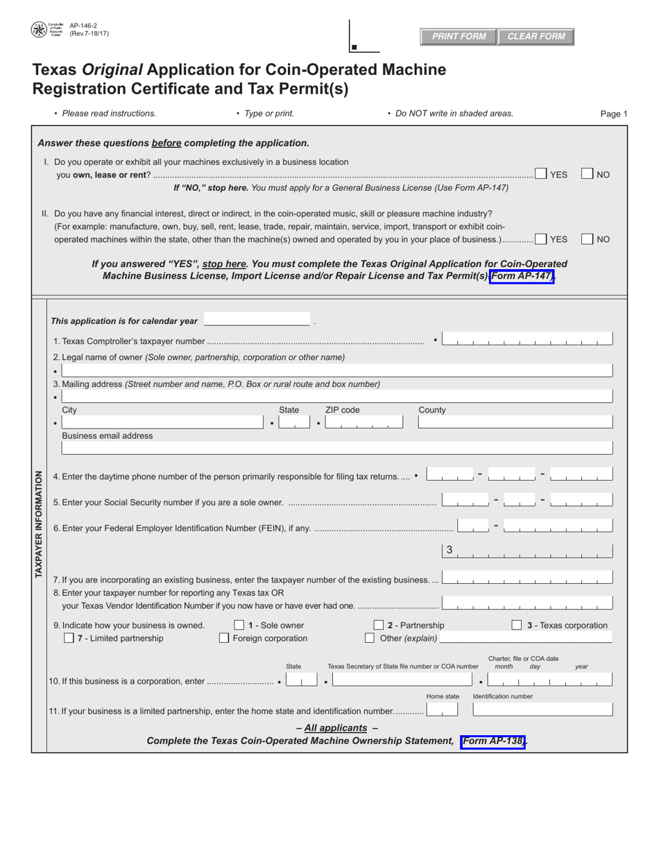 Form AP-146 Texas Original Application for Coin-Operated Machine Registration Certificate and Tax Permit(S) - Texas, Page 2